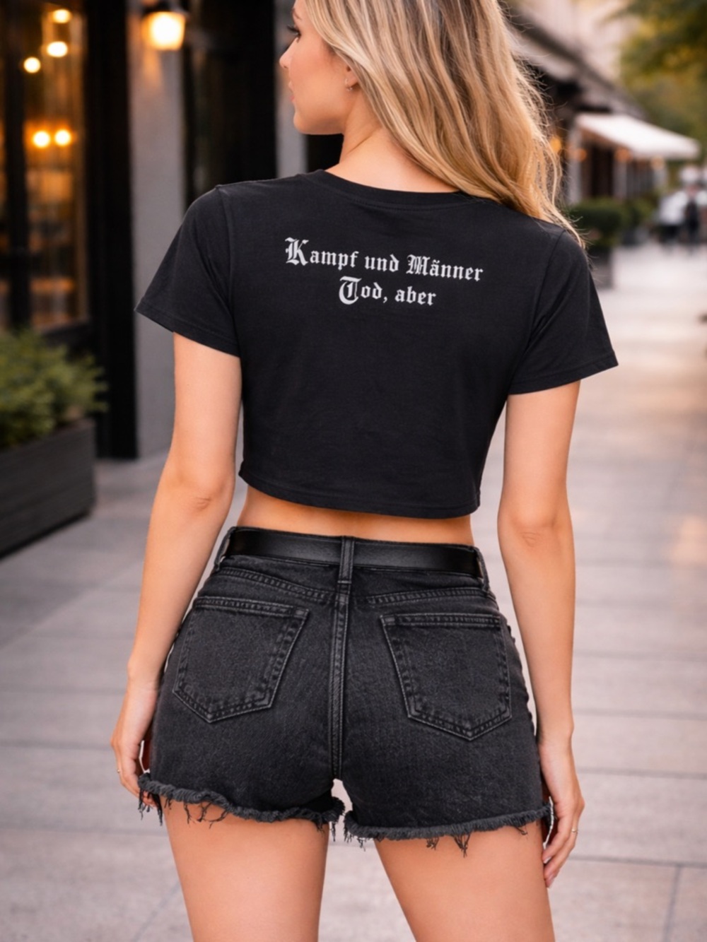 Black Graphic Short Sleeve Crop Tee with Red Crest Detail - Picture 3 of 13